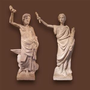 Coppia di sculture in stucco antico raffigurante Cerere e Giove