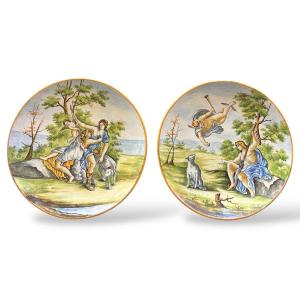 Coppia di piatti decorativi in maiolica 