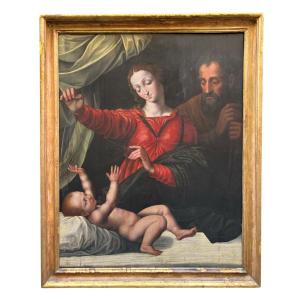 Dipinto olio su tavola raffigurante Sacra Famiglia