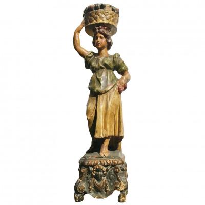 18th Century Italian Sculture In Polychrome Wood Depicting A Female Figure