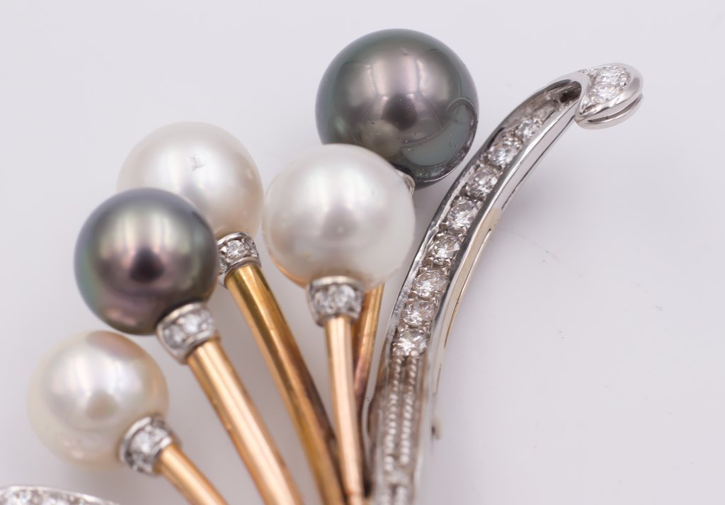  Grande Broche En Or Avec Diamants Et Perles Des Années 60-photo-1