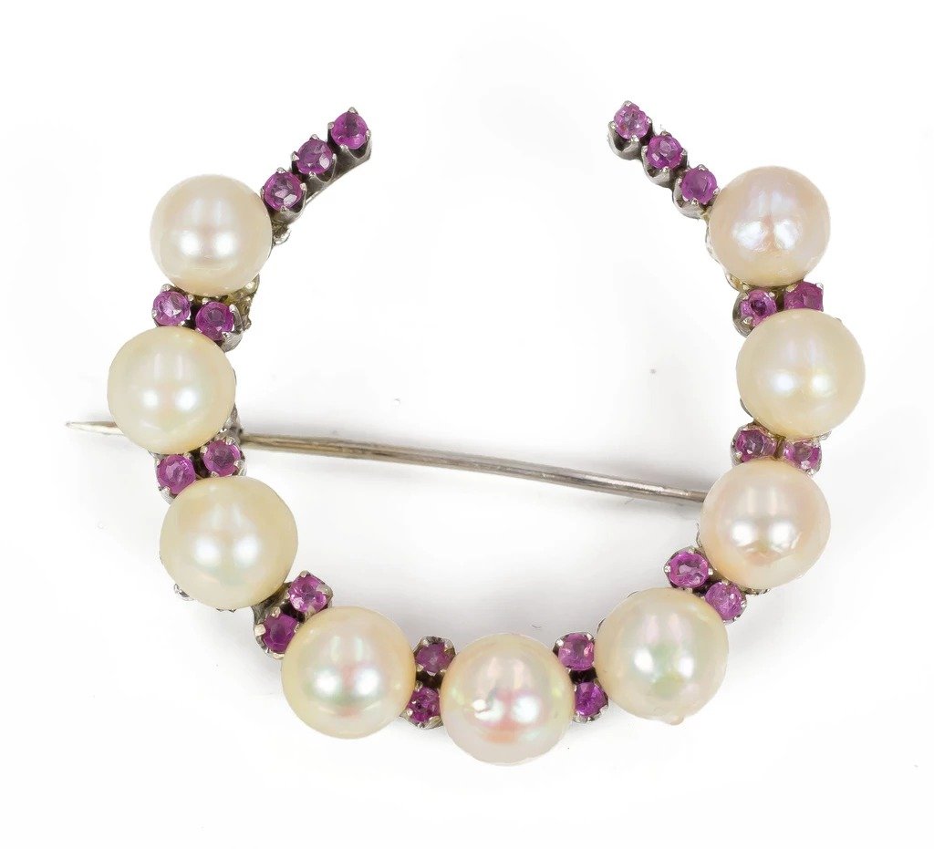 Broche En Or Blanc Avec Perles Et Rubis, Années 50
