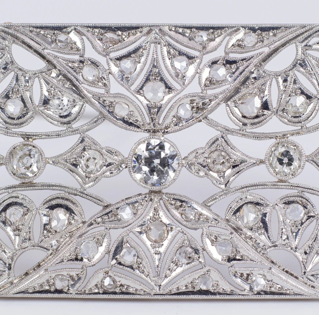 Broche Ancienne Art Déco En Platine Avec Des Diamants Taille Brillant Et Diamants Taille Rose-photo-4