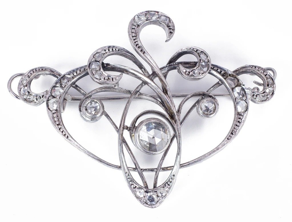 Broche Ancienne Art Nouveau En Or 18 Carats Avec Diamants Couronnés Taille Rose, 1910