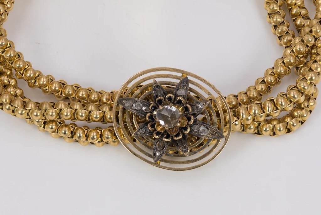 Bracelet Ancien En Or 18 Carats Avec Diamants Taille Rose, Fin Du 800e Siècle-photo-2