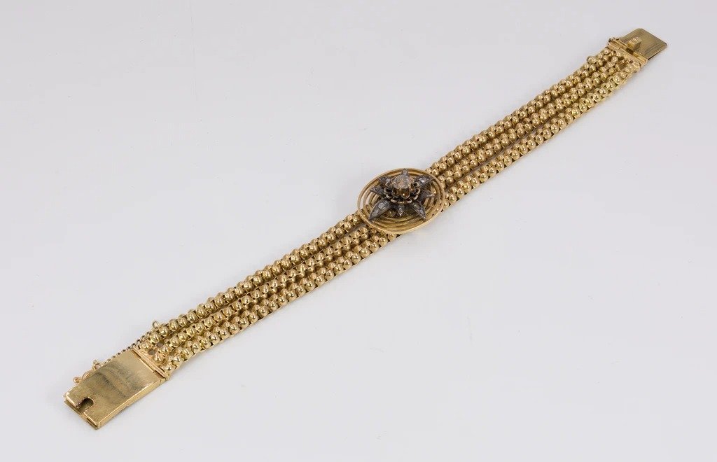 Bracelet Ancien En Or 18 Carats Avec Diamants Taille Rose, Fin Du 800e Siècle-photo-3