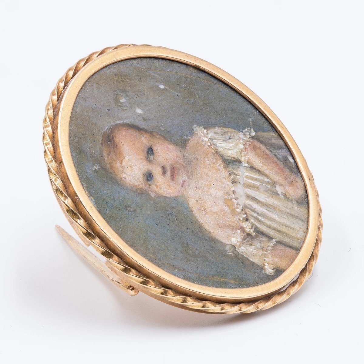 Broche Ancienne En Or Avec Miniature Enfant, Milieu Du XIX SiÈcle-photo-3