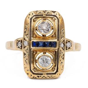 ANELLO VINTAGE IN ORO GIALLO 14K CON DIAMANTI (0.30CT) E ZAFFIRI