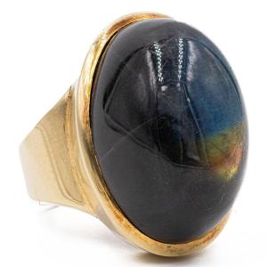 ANELLO VINTAGE IN ORO GIALLO 14K CON LABRADORITE CABOCHON, ANNI '70