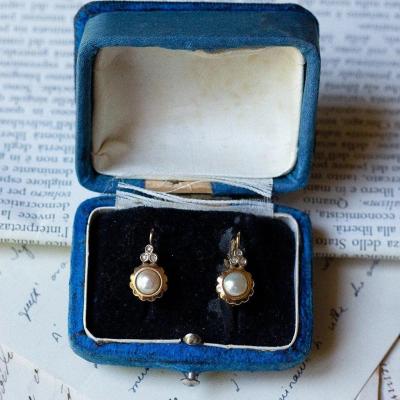 Boucles d'Oreilles Vintage En Or 18 Carats Avec Perles Et Diamants, Années 50