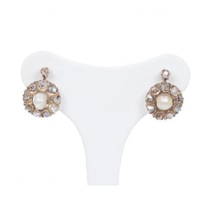 Boucles d'Oreilles  En Or 14 Carats Avec Diamants  Et Perles, Début Des Années 1900