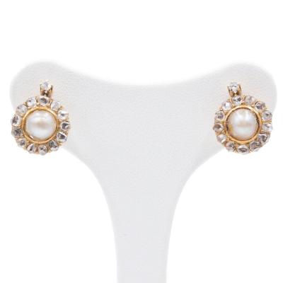 Boucles d'Oreilles Clip En Or 18 k Avec  Diamants Et De Perles, DÉbut Des AnnÉes