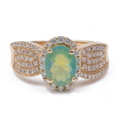 Bague Vintage En Or 14 Carats Avec Opale Et Diamants