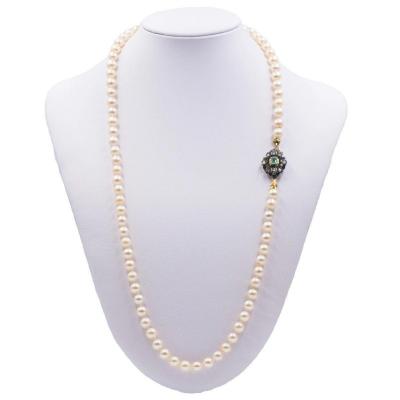 Collier De Perles Vintage Avec Susta En Or Et Argent Avec Émeraude Et Diamants, 50