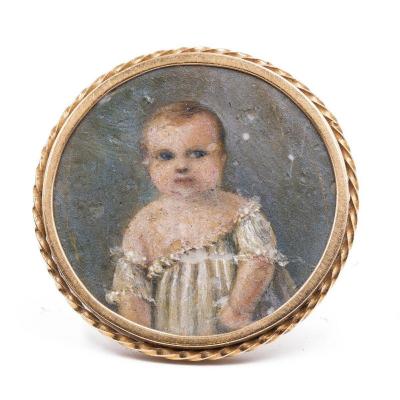 Broche Ancienne En Or Avec Miniature Enfant, Milieu Du XIX SiÈcle