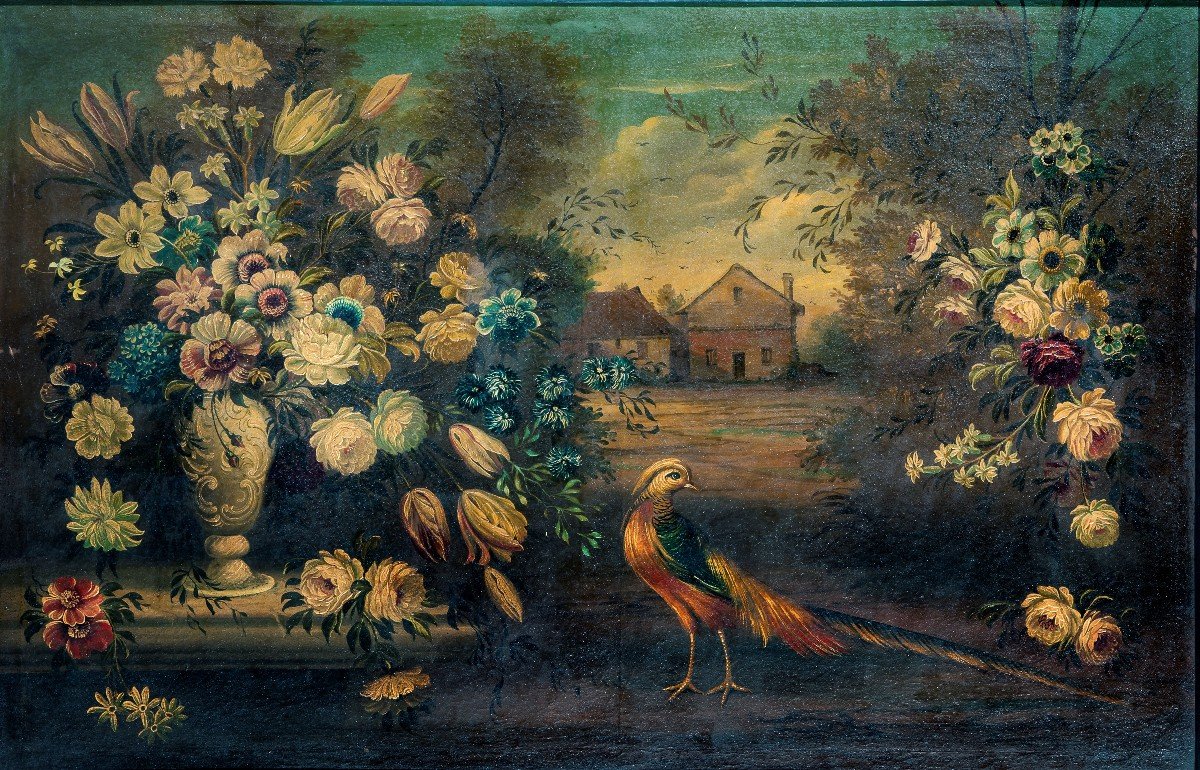 Natura morta con vaso di fiori, un fagiano e cascinale sullo sfondo-photo-3