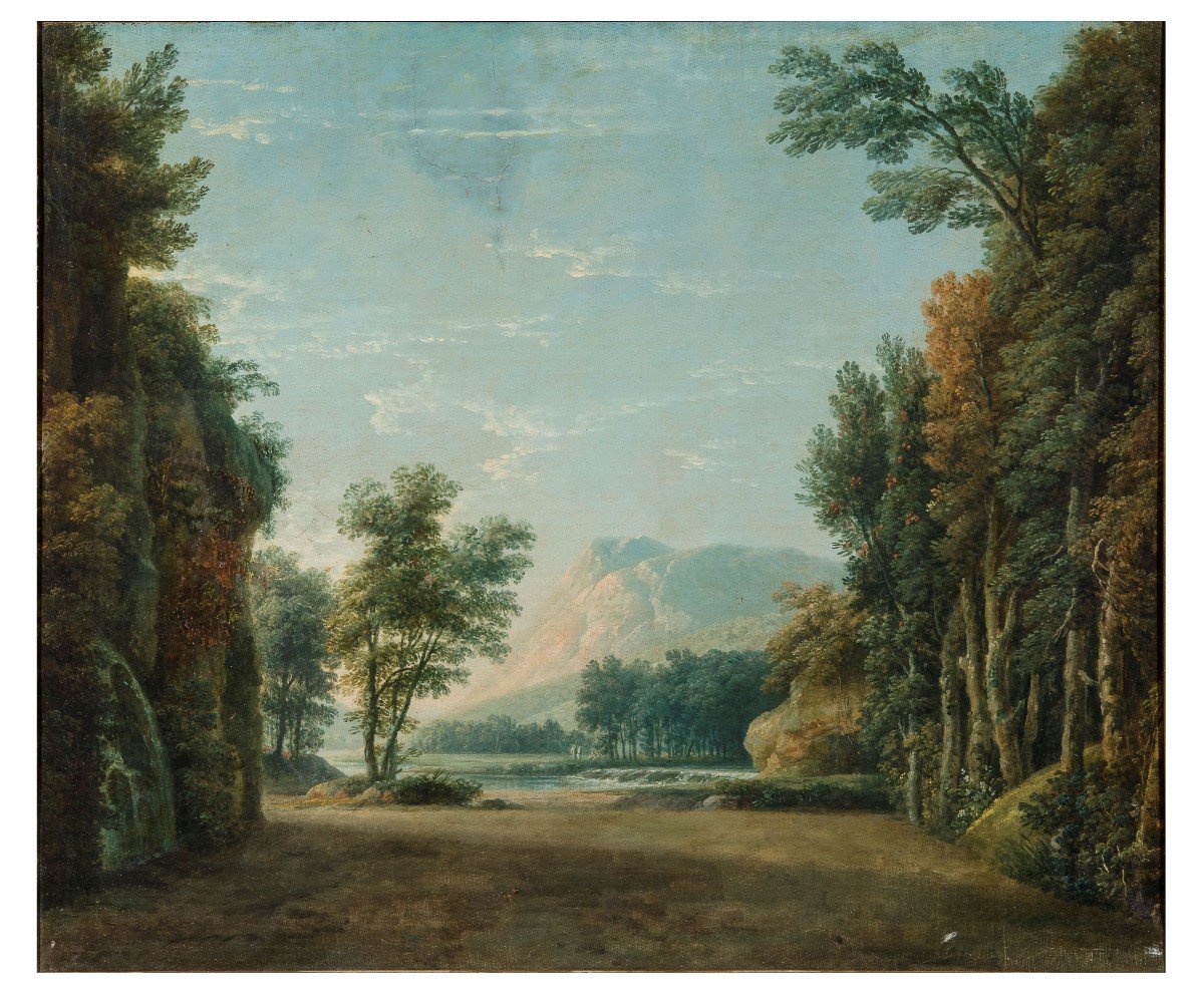 Scorcio montano con paesaggio boschivo pittore anonimo del XIX secolo-photo-3