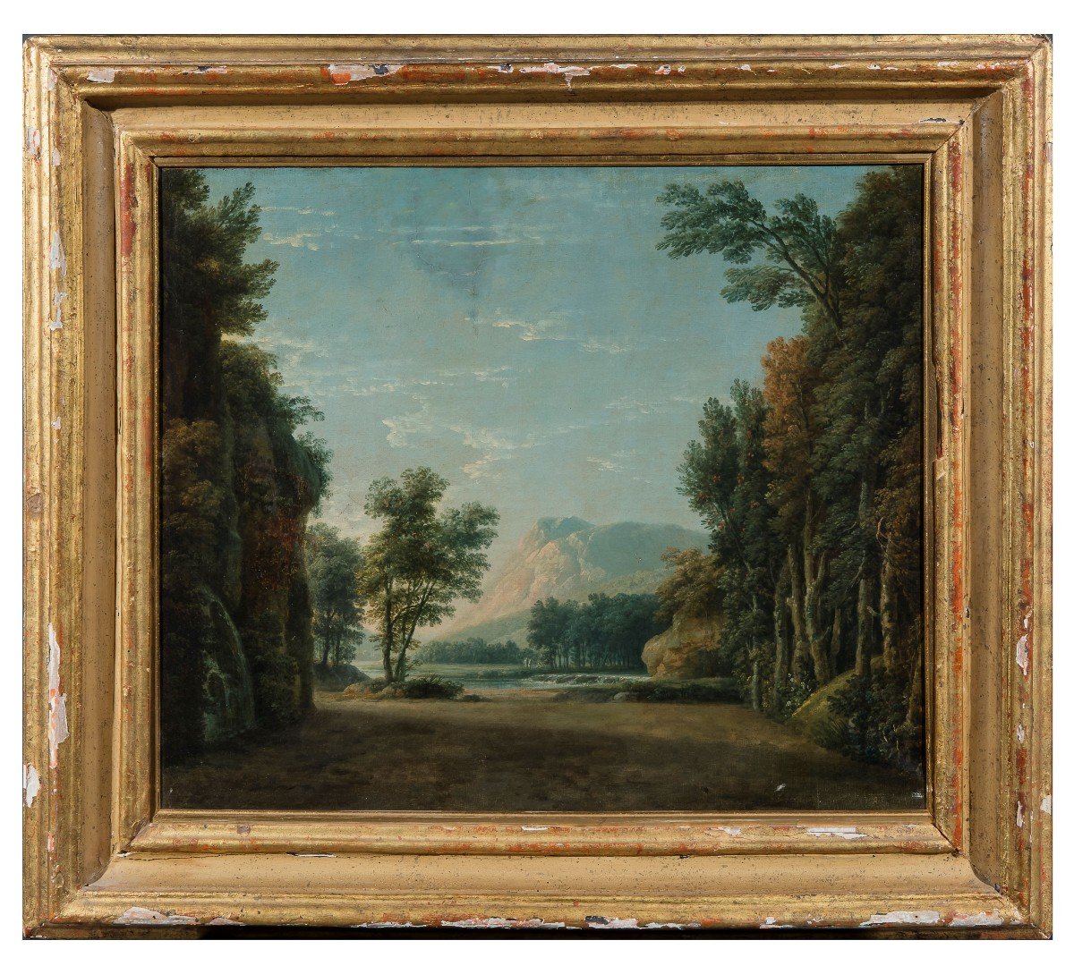 Scorcio montano con paesaggio boschivo pittore anonimo del XIX secolo