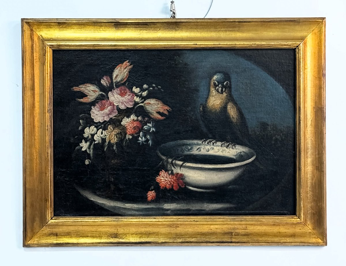Felice Rubbiani (attribuito), A) Vaso di fiori e pappagallo B) Vaso di fiori e gallina-photo-3