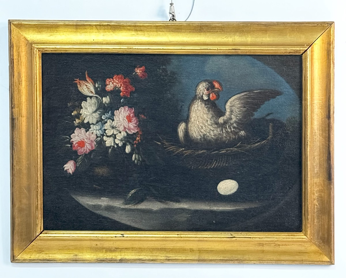 Felice Rubbiani (attribuito), A) Vaso di fiori e pappagallo B) Vaso di fiori e gallina