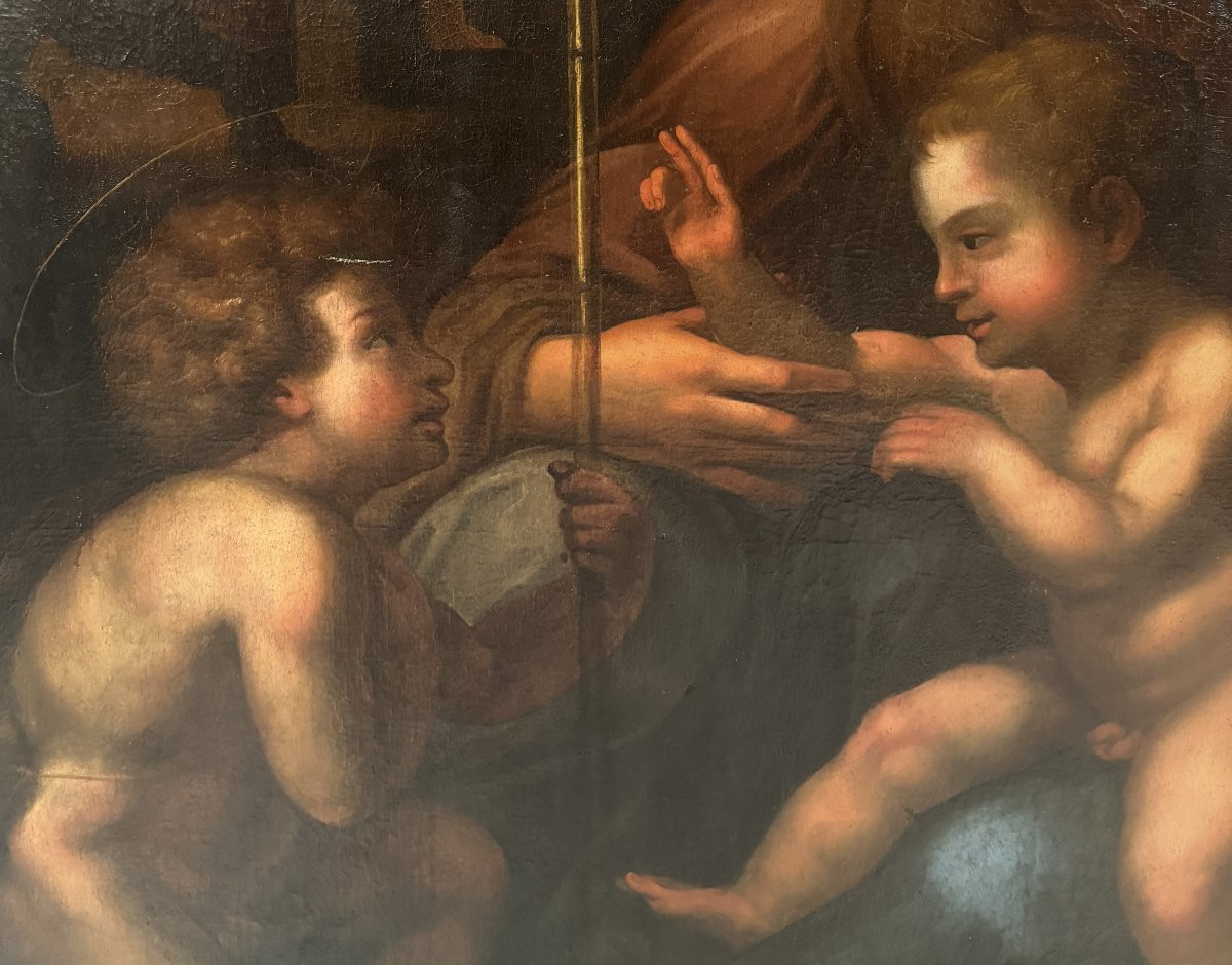 Anonimo del XVII secolo, Madonna con bambino, San Giovannino ed Elisabetta", copia da Raffaello-photo-4