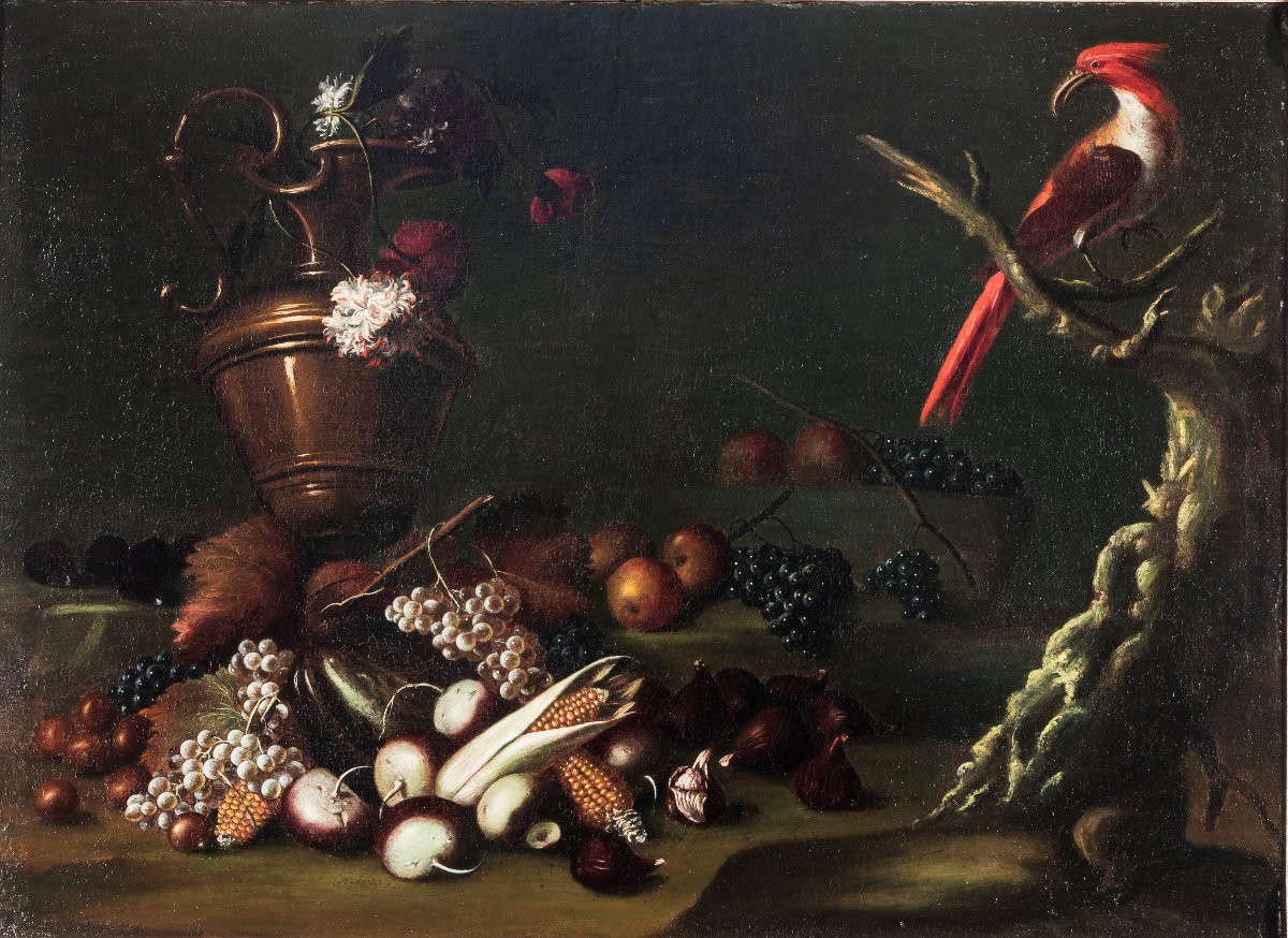 Carlo Antonio Crespi, Natura morta con frutta, un'anfora e un pappagallo-photo-3