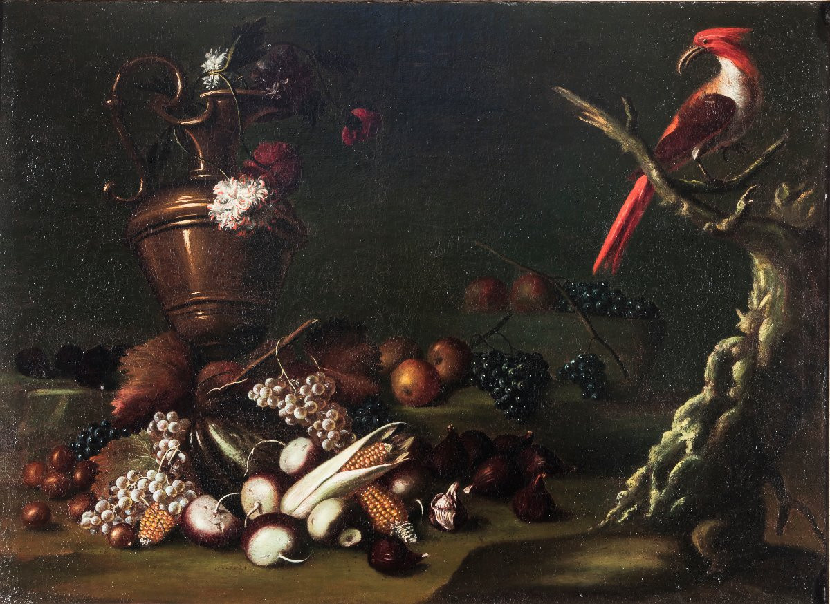 Carlo Antonio Crespi, Natura morta con frutta, un'anfora e un pappagallo-photo-1