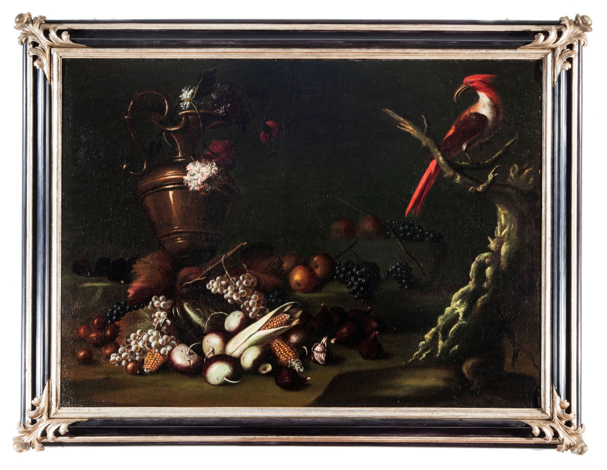 Carlo Antonio Crespi, Natura morta con frutta, un'anfora e un pappagallo