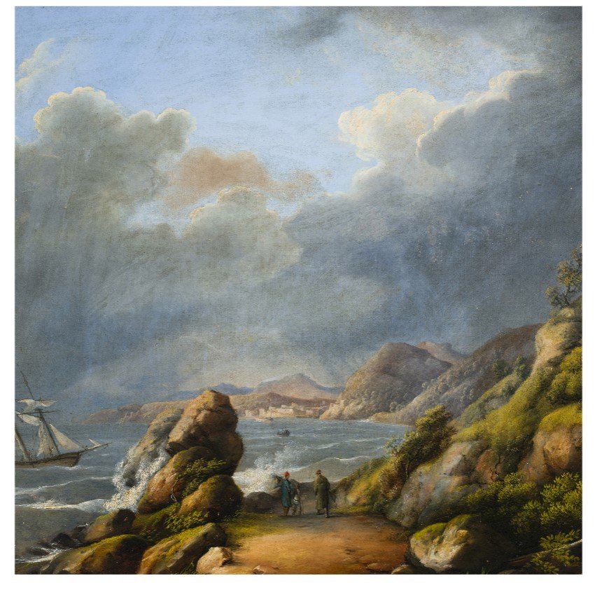Scuola francese del XIX secolo "Marina con veliero e figure"-photo-3