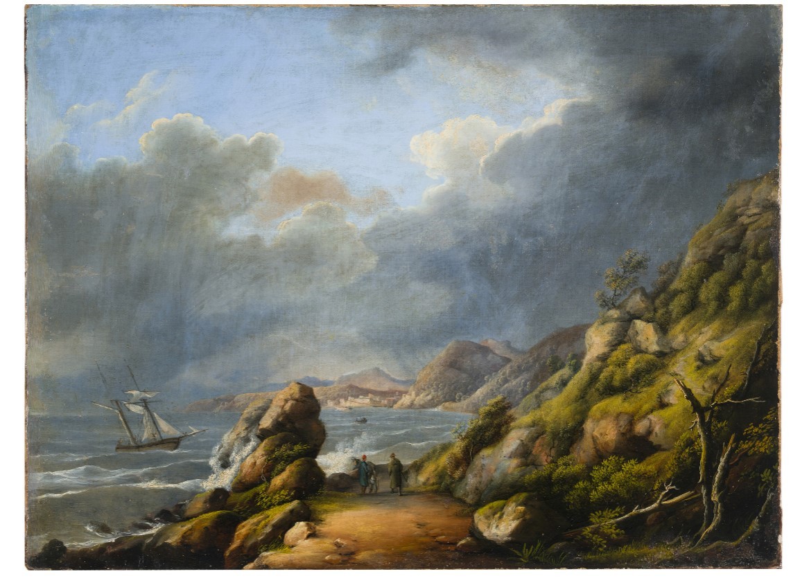Scuola francese del XIX secolo "Marina con veliero e figure"