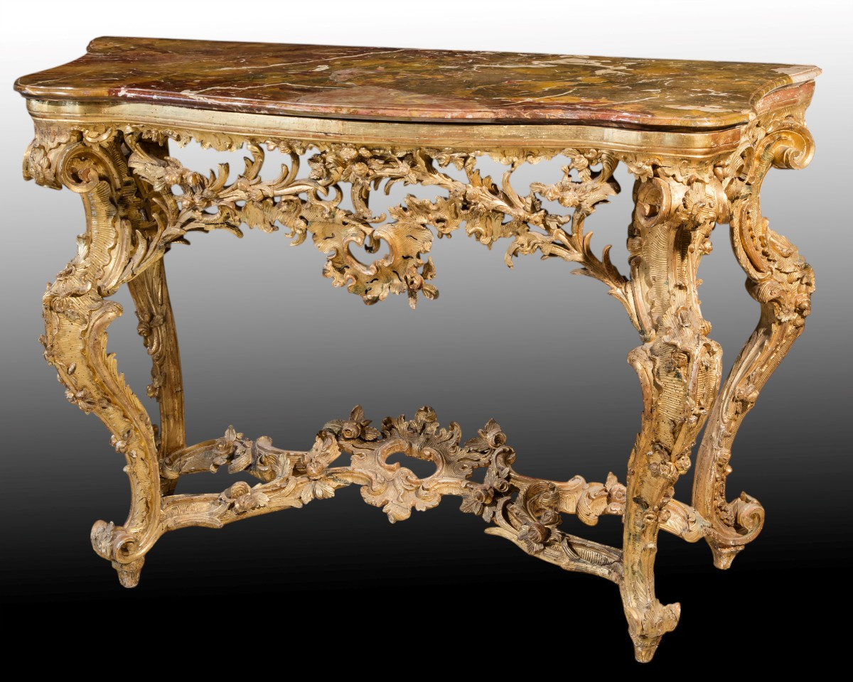 Console in legno scolpito intagliato e dorato, Genova, metà XVIII secolo