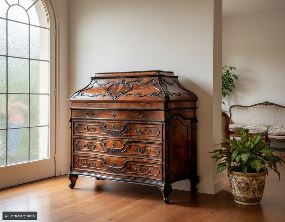 Cassettone a ribalta lastronato in radica di noce, in stile lombardo settecentesco-photo-1