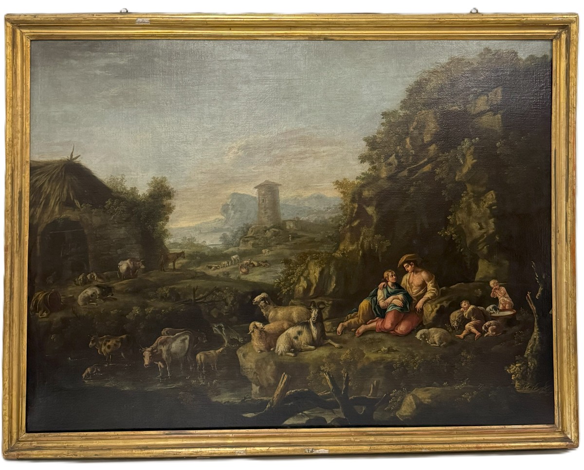 Giuseppe Tassoni (1653 -1737)  "Paesaggio con armenti e famiglia di pastori"