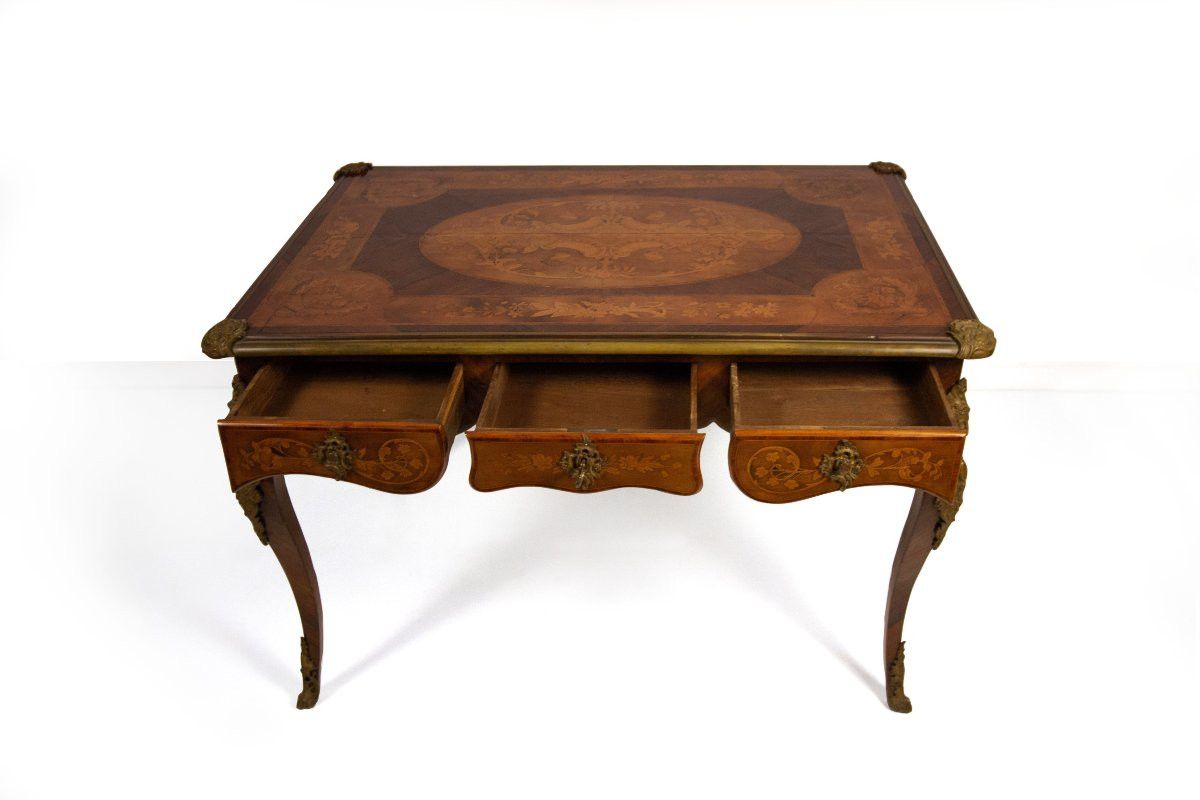 Scrivania intarsiata in legni vari, inizi del XX secolo-photo-2