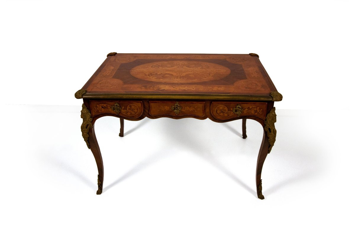 Scrivania intarsiata in legni vari, inizi del XX secolo-photo-3