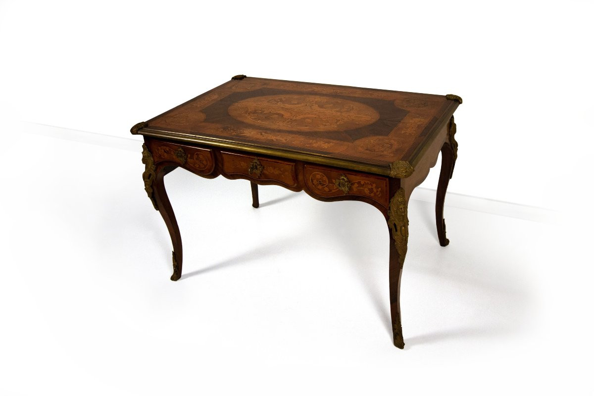 Scrivania intarsiata in legni vari, inizi del XX secolo-photo-4