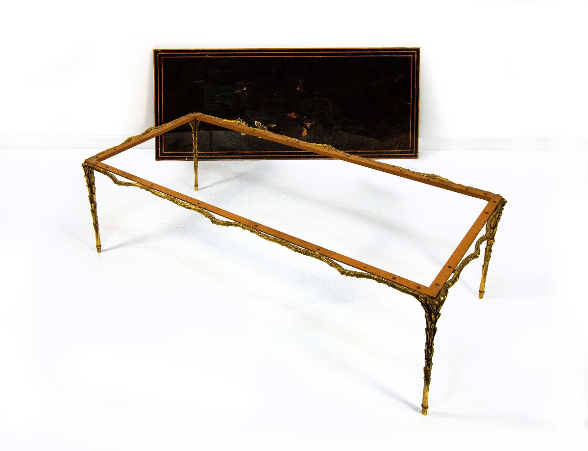 Tavolino da salotto in bronzo dorato e legno laccato, XX secolo-photo-4