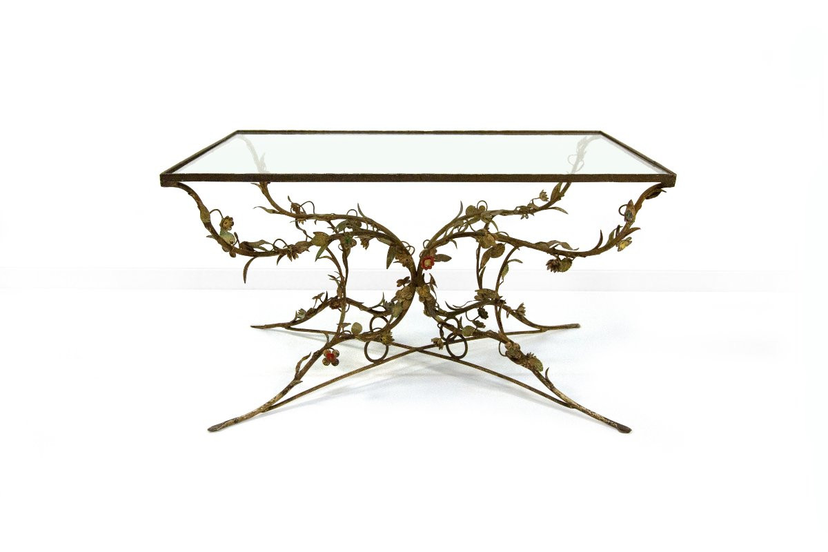 Tavolino in ferro battuto e vetro, XX secolo-photo-3