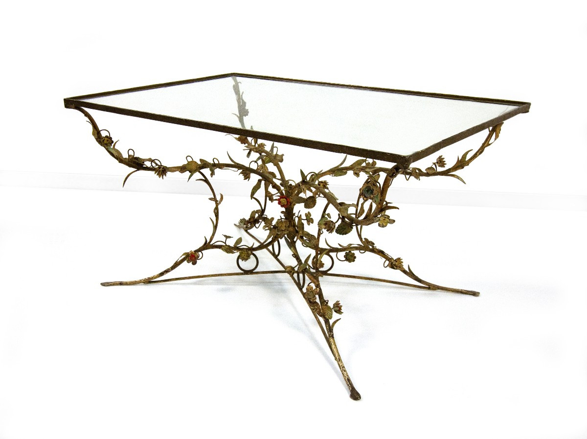 Tavolino in ferro battuto e vetro, XX secolo