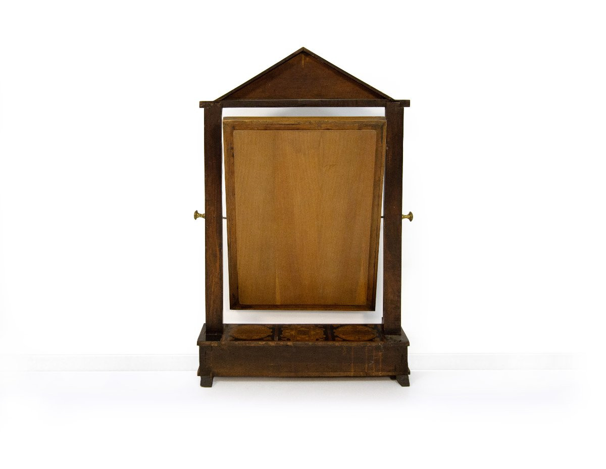 Psiche da tavolo in noce e intarsi in legni diversi, prima metà del XIX secolo-photo-2