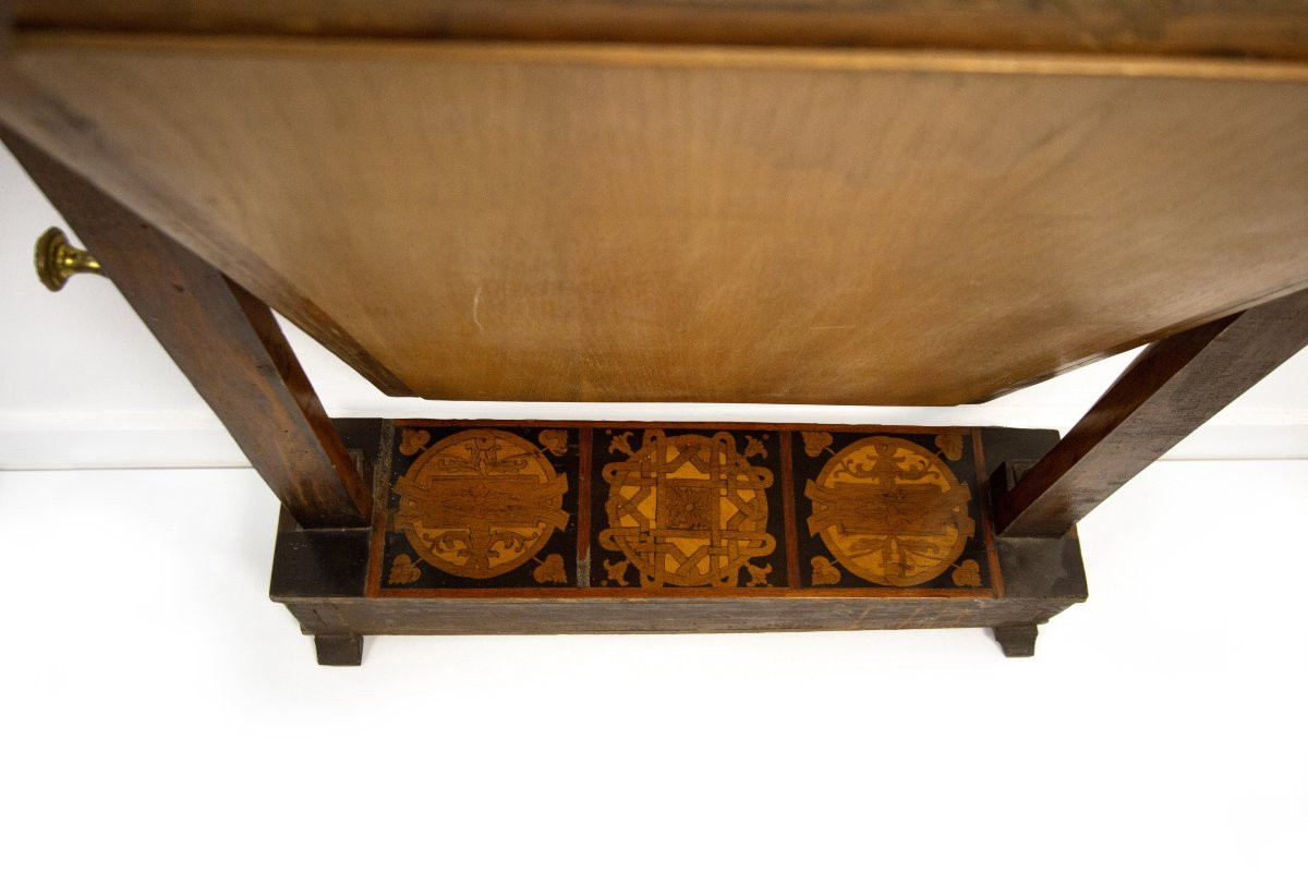 Psiche da tavolo in noce e intarsi in legni diversi, prima metà del XIX secolo-photo-1