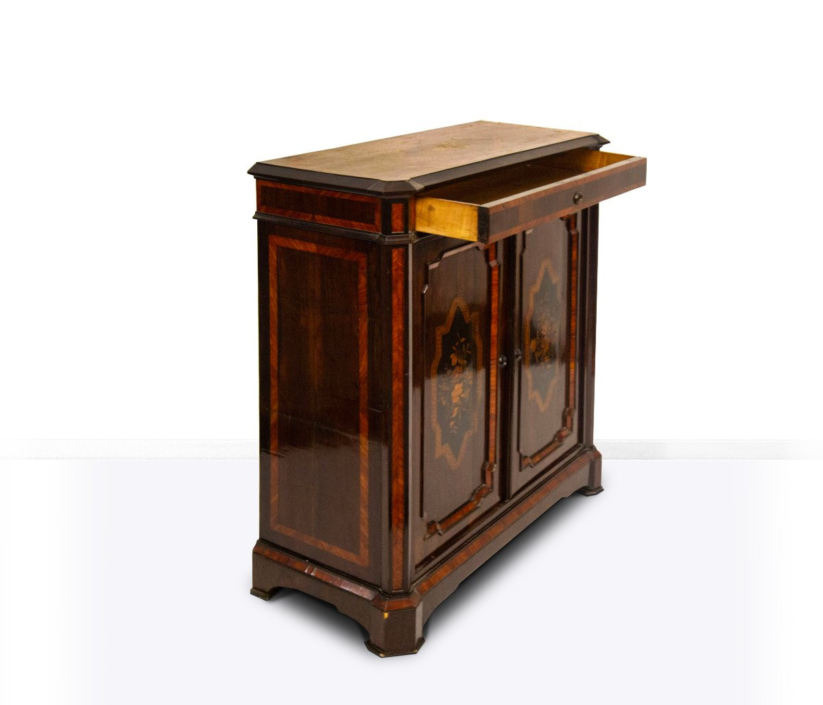 Credenza lastronata e intarsiata in legni diversi, XIX secolo-photo-4