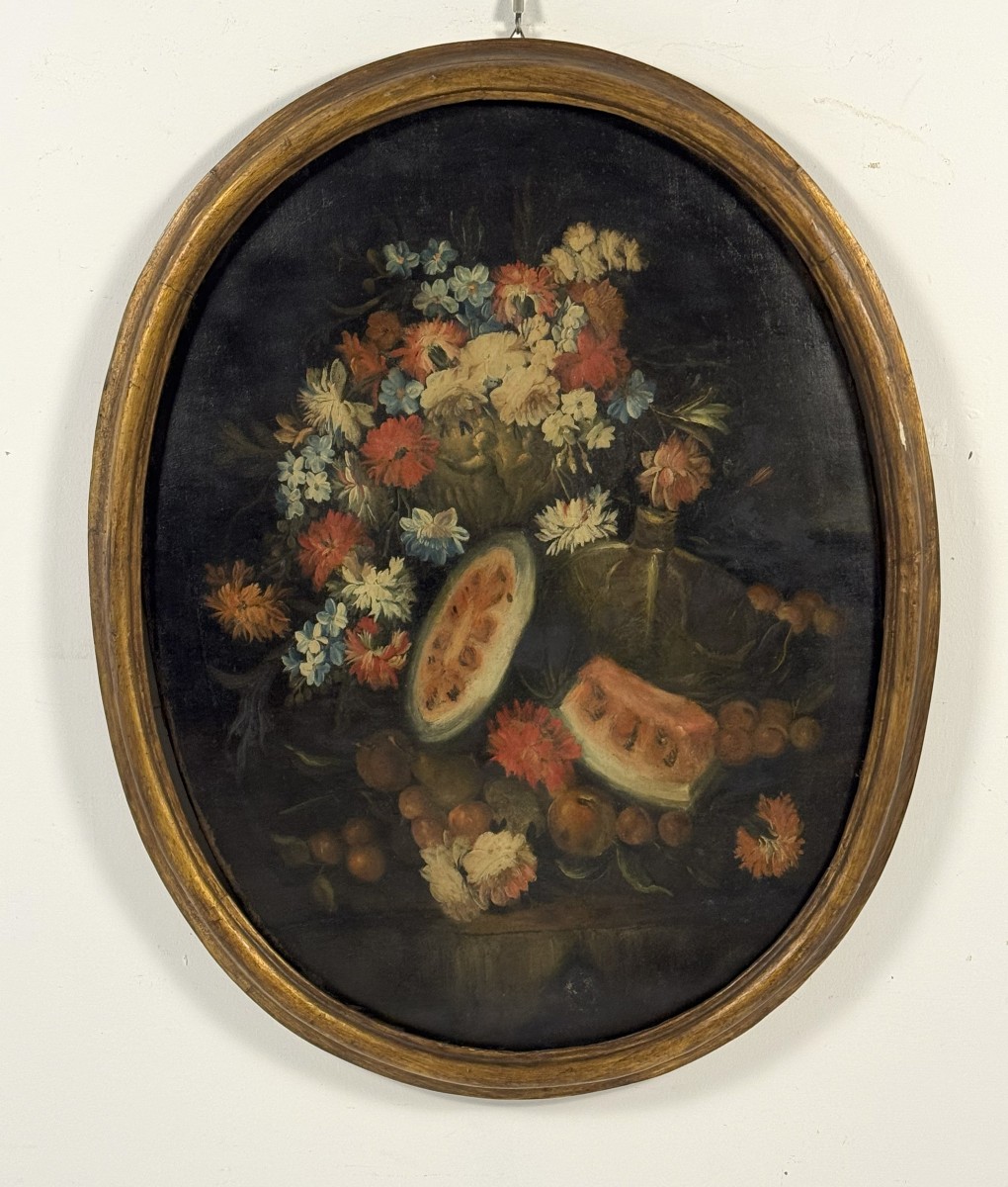 Anonimo del XVIII secolo  "Natura morta con angurie e fiori"