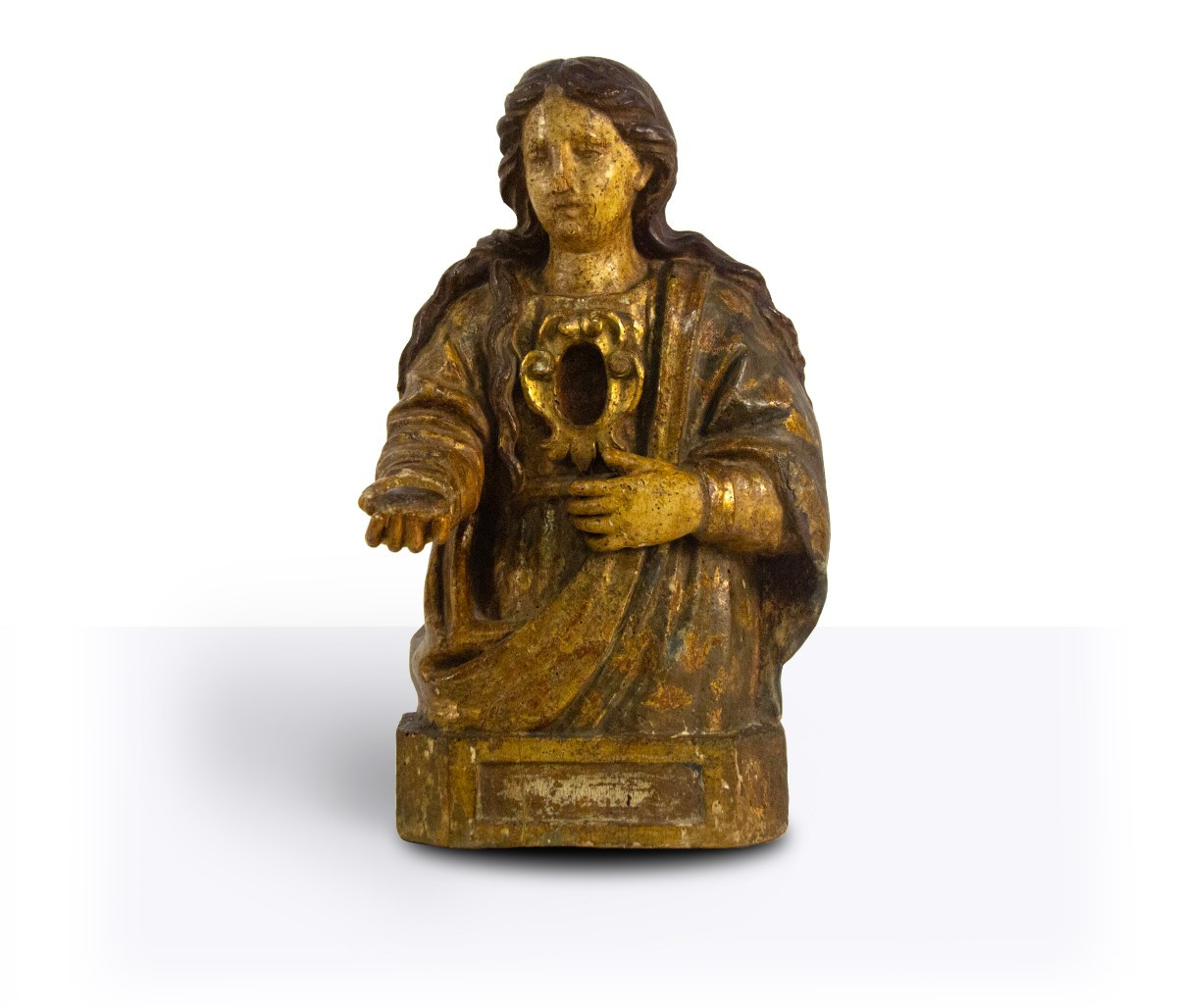 Scultura reliquiario in legno scolpito laccato e dorato, XVII secolo