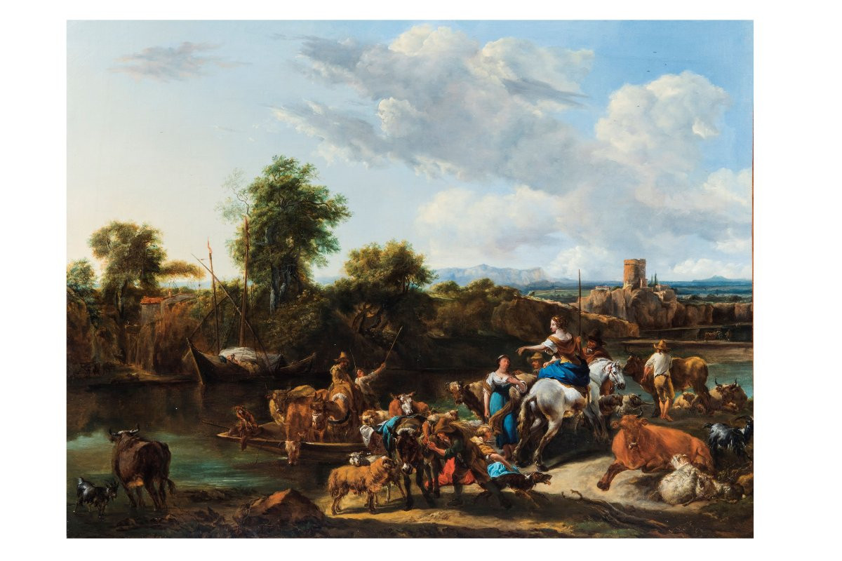 Nicolaes Berchem, "Il passaggio del fiume dei pastori con gli armenti", 1655 c.a-photo-3