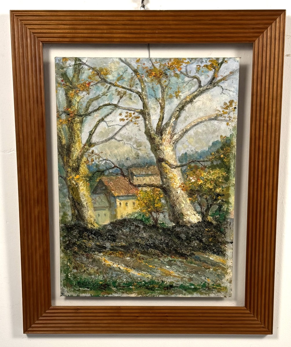 Pacifico Sidoli (1868 - 1963) "Paesaggio con casali e alberi"