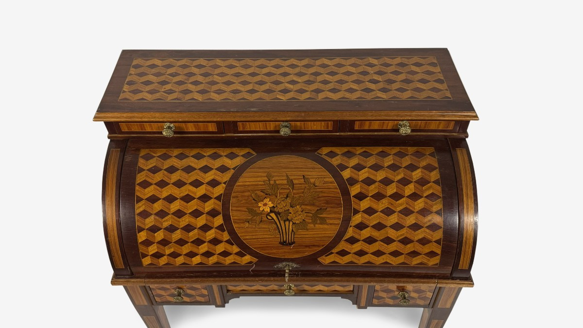 Scrivania a rullo da centro impiallacciata in legni vari, Francia, XX secolo-photo-1