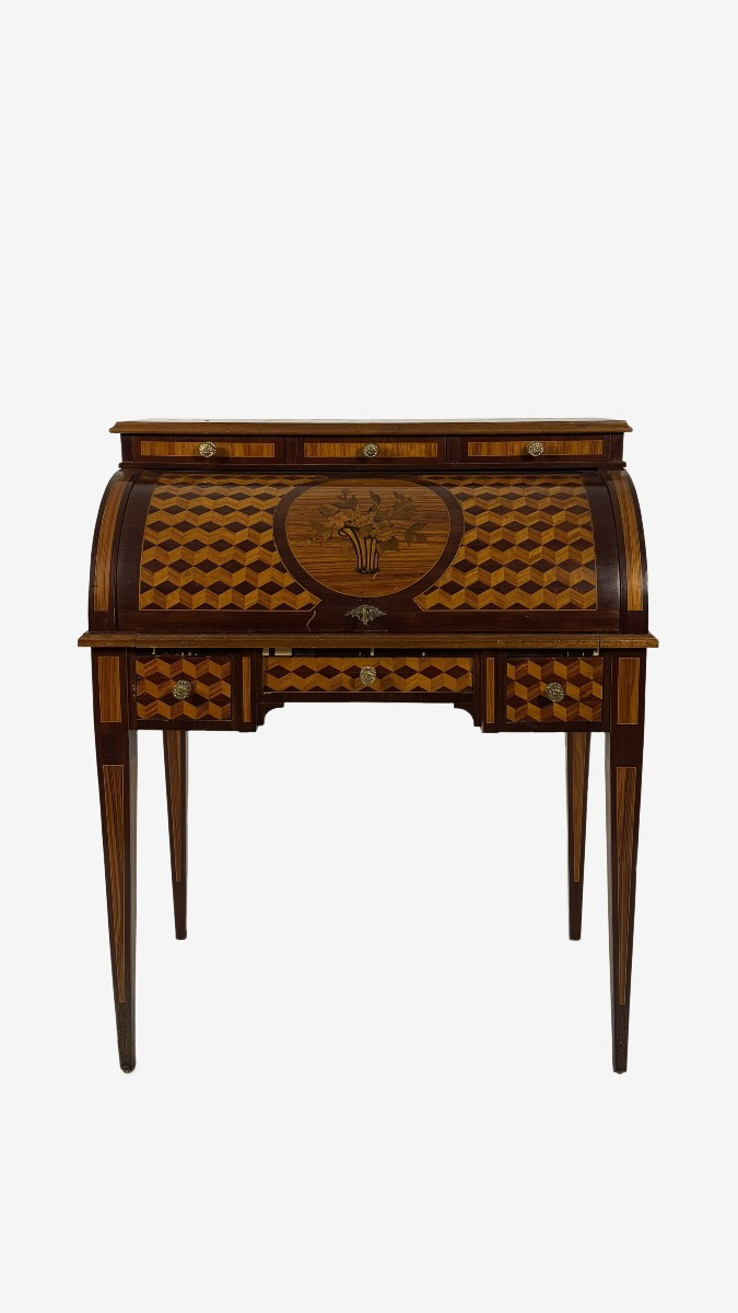 Scrivania a rullo da centro impiallacciata in legni vari, Francia, XX secolo