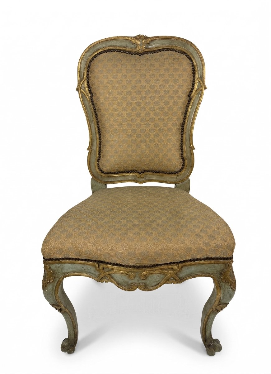 Set di nove sedie in legno laccato verde con profili dorati, XVIII secolo-photo-2