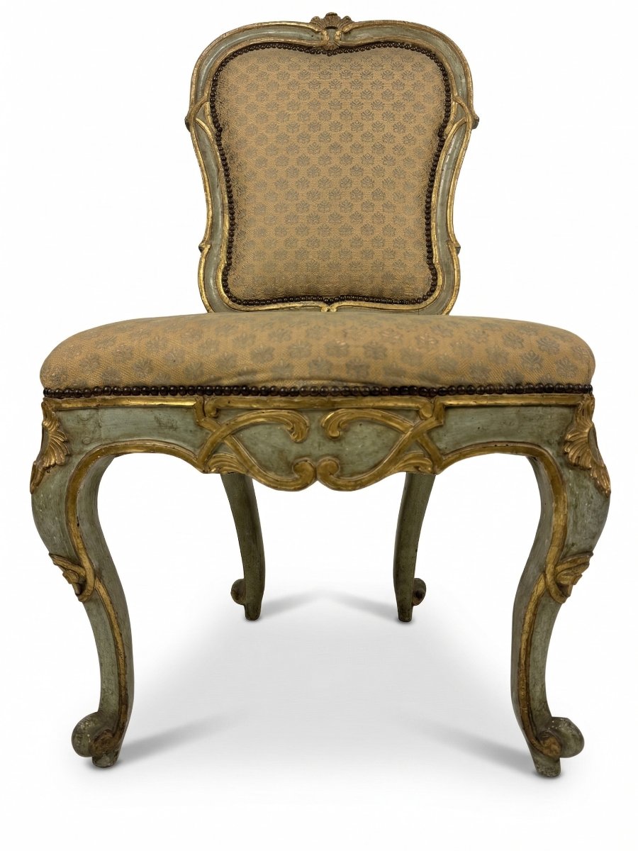 Set di nove sedie in legno laccato verde con profili dorati, XVIII secolo-photo-3